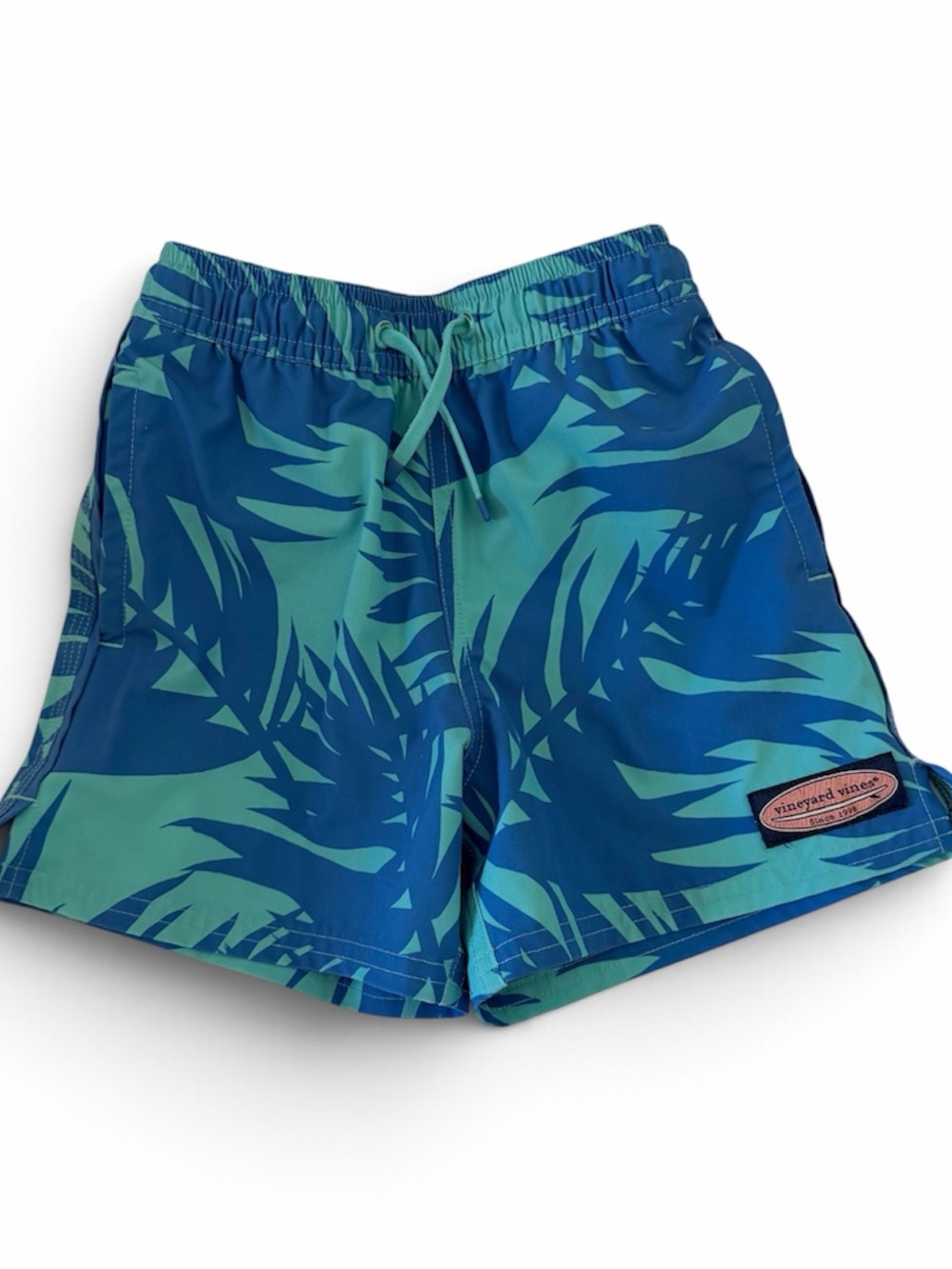 Vineyard Vines Blue & Teal Palm Print Kids Swim Shorts